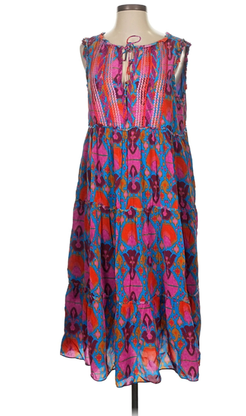 FIGUE Clara Embroidered Tiered Midi Dress Colorful Boho Cottagecore Small